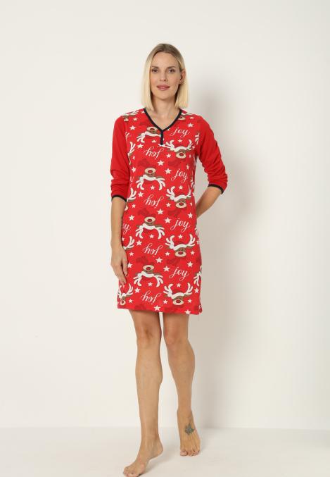 Camasa de noapte Craciun,imprimeu reni,culoare rosu ,En-gros